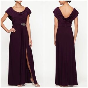 New Alex Evenings Celeste A Line Matte Jersey Dress Cowl Neck Embellished Waist